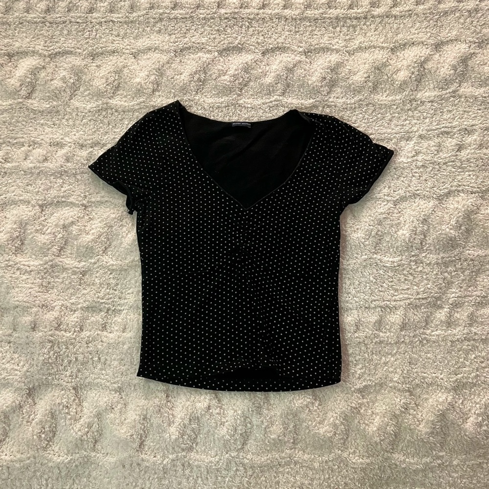 Classic Brandy Melville Cropped Black Tee with White Dots